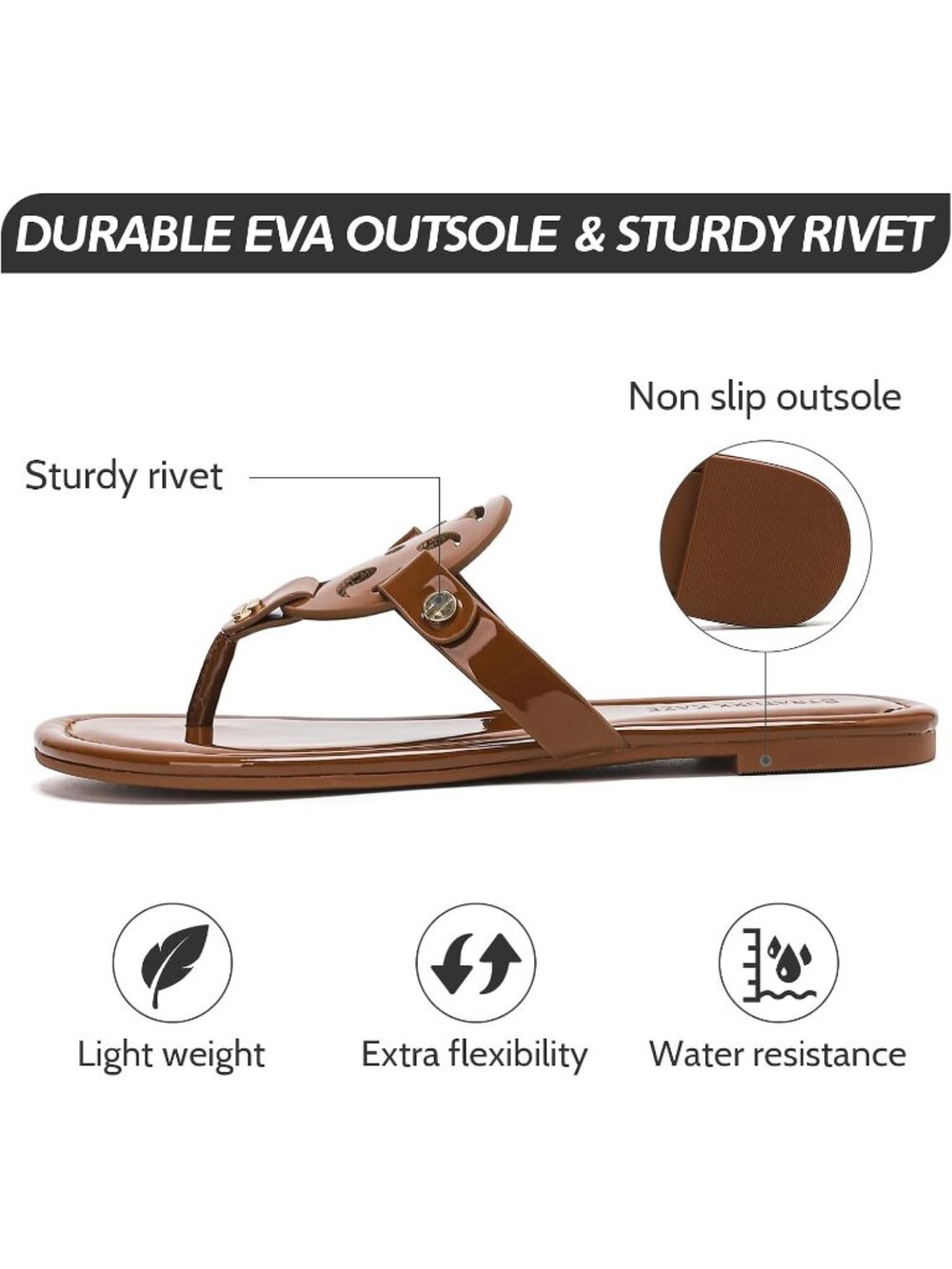 Women's Brown Faux Leather Memory Foam Beach Slides Comfy Flipflop Flat Sandals - Picture 5 of 7